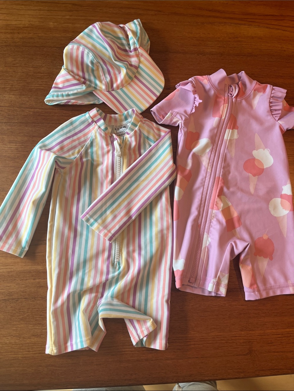 H&M Pastel Stripe Rashguard One-Piece & Pink Ice Cream Zip Swimsuit Set